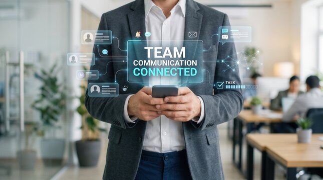 Team Communication Connected Concept Featuring A Professional Businessman Holding A Smartphone With Digital Interface Overlays Showing Social Networking Profiles, Messaging Icons, And Task Progress