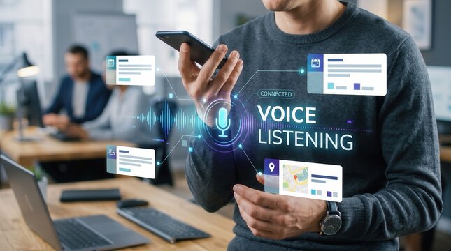 Voice Assistant Technology Interface Displayed Over A Smartphone Held By A Professional Man In An Office Setting Featuring Floating Digital Information Windows For Calendar Events And Location Maps