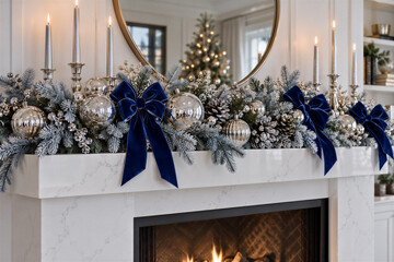 Naklejka premium Elegant Christmas mantel decoration featuring silver ornaments, blue velvet bows, and frosted pine branches above a marble fireplace. Holiday decor, winter celebration, interior design.