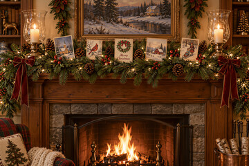 Naklejka premium Cozy fireplace mantel decorated with evergreen garland, red bows, pine cones, and candles, burning fire in stone hearth. Christmas decorations, holiday interior, winter atmosphere.