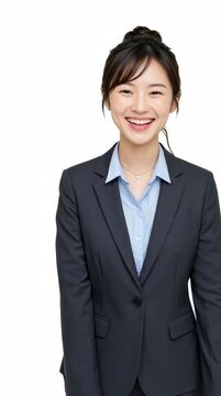 video of a confident young Asian businesswoman wearing a dark tailored suit jacket over a light blue button-down shirt. She stands against a clean solid white background, performing a welcomi