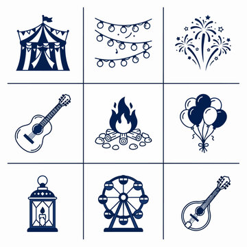 Festival celebration icons set with tent guitar fireworks and more