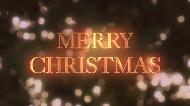 輝くイルミネーションの丸ボケを背景にしたメリークリスマスの金属質3D文字の動画素材