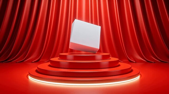 White floating cube above red circular stairs on theater stage