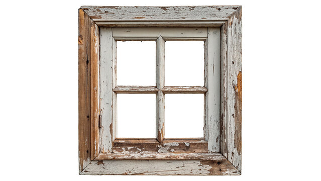 Vintage square rustic weathered wooden window frame architectural element design home, isolated on transparent background.