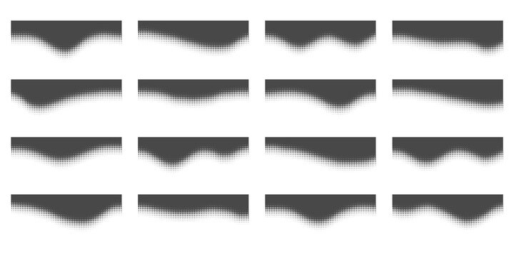 Creative PNG wave shapes with fading halftone dots and flowing edges. Minimalist abstract separators for websites, posters and banner layouts.