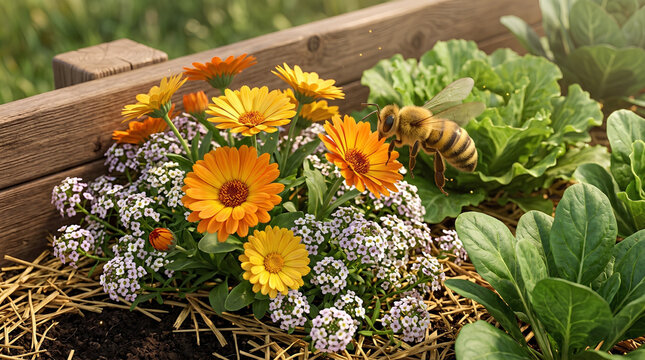 Honey bee flying over orange calendula and white alyssum flowers in a