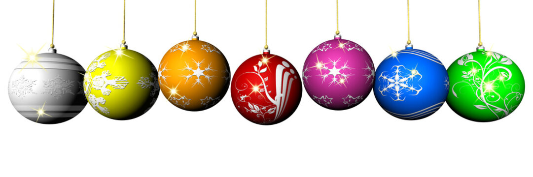 PNG. Trasparente. Natale. Decorazione natalizia orizzontale. Serie di palle dell'albero di Natale in vari colori.
