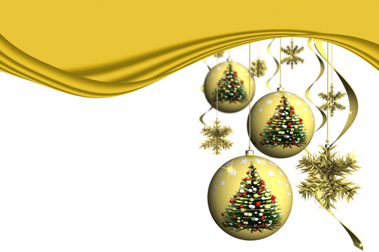 PNG. Trasparente. Natale. Decorazione natalizia con spazio per testo. Palle di Natale e fiocchi di neve oro.