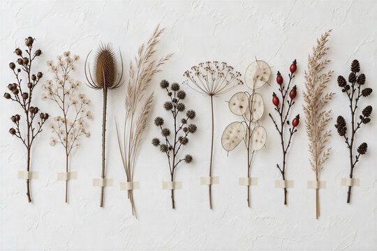 Collection of dried botanical specimens arranged in a row on white textured wall, various flowers and grasses taped with paper tape. Nature study, biology, interior decor, minimalist art.