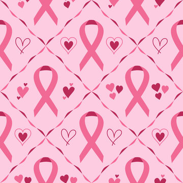 Pink Breast Cancer Awareness Ribbon and Hearts Seamless Pattern Background, suitable for wallpaper, background