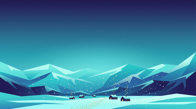 A tranquil winter landscape with low poly mountains and tiny houses under a twilight sky with snow falling