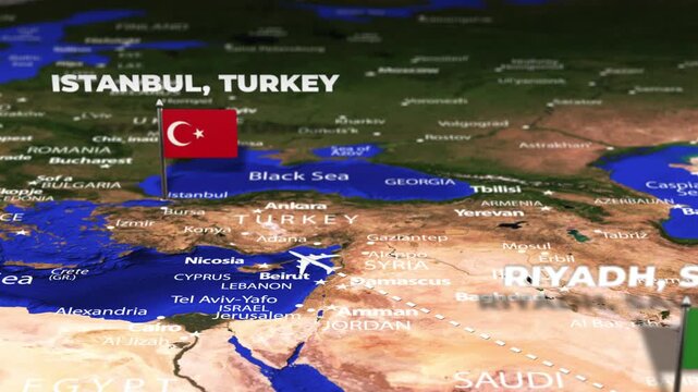 Flight From Riyadh SAUDI ARABIA to Istanbul Turkey with flag pins