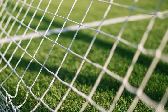 White soccer goal net against a sunlit green pitch