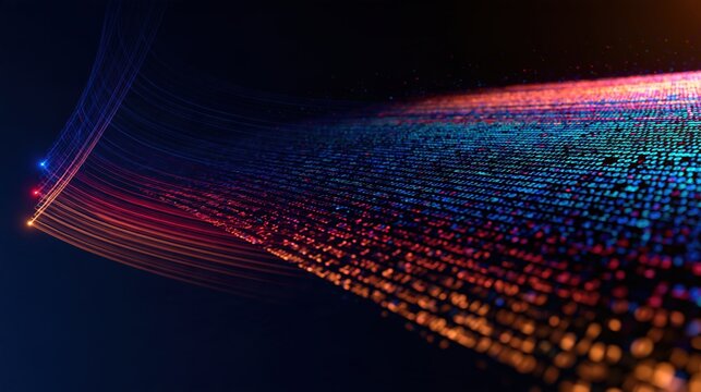 Glowing blue and orange data streams curving into binary digits on a dark background