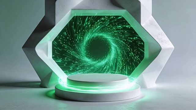 White hexagonal frame with rotating green light portal on circular base