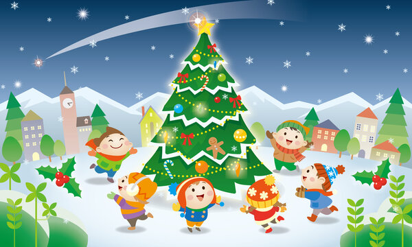 クリスマスの風景&nbsp;雪の夜ツリーのまわりで踊る子供たち