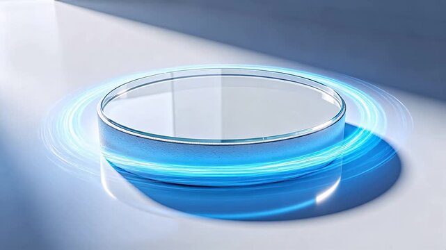 Transparent glass container with blue liquid on pedestal