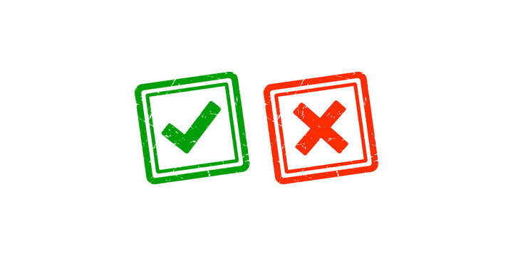 Green check mark and red cross sign in squares for business feedback or voting purposes.