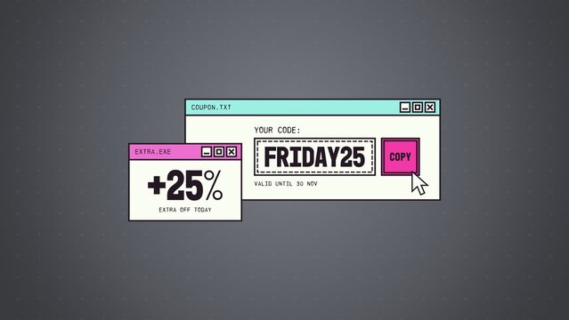 System Window Sales Titles / Retro Colorful Coupon Code and Copy Button for Black Friday Promos, Retail Ads and Social Media / Horizontal / Part 03