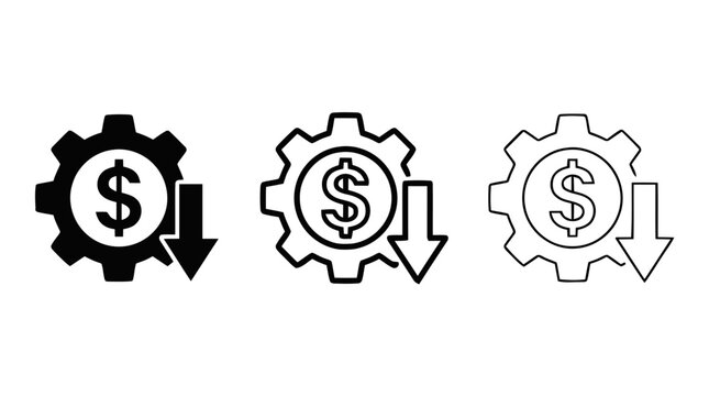 Vector illustration of cost reduction icon set, gear with dollar sign and down arrow on a transparent background