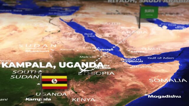 Flight From Riyadh SAUDI ARABIA to Kampala UGANDA with flag pins