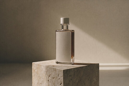 Blank label rectangular glass bottle with amber liquid on travertine block, soft sunlight, beige background