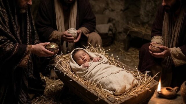 Three Wise Men Presenting Gold, Frankincense and Myrrh to the Newborn Jesus Christ in Bethlehem, Biblical Nativity and Christmas Scene of Worship, Faith, Prophecy, Royal Gifts, Adoration and Hope
