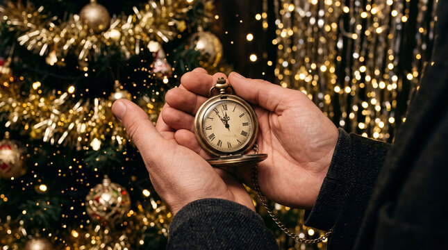 Hands Holding Vintage Pocket Watch Showing Five Minutes to Midnight for New Year Countdown with Golden Bokeh Background