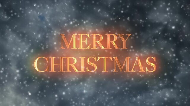 降りしきる雪の寒空に金色に反射して輝くメリークリスマス3D文字