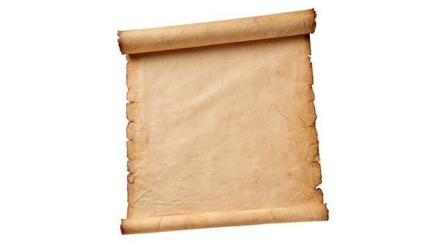 Blank ancient unrolled parchment paper scroll manuscript texture history document, isolated on transparent background.