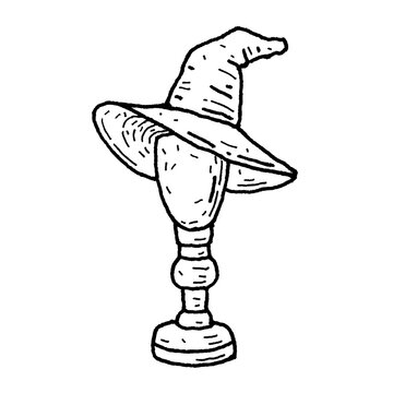Hand-drawn line art icon illustration of vintage magical witchy hat on wooden head mannequin isolated on transparent background for sewing studio, millinery craft, tailor shop, game UI, RPG inventory.