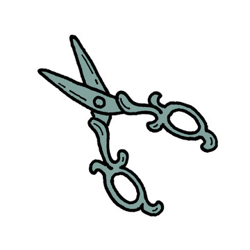 Hand-drawn icon illustration of magical dusty blue open tailoring scissors with ornate handles isolated on transparent background for sewing studio, craft tools, tailor shop, game UI, RPG inventory.
