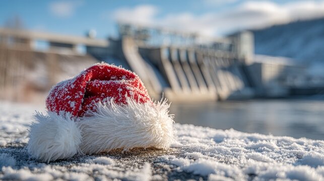 A red and white santa hat covered in snow sits on a frozen surface with a blurred dam and river in the background.