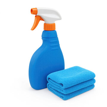 Blue spray bottle and stacked microfiber cloths isolated on a white background for household cleaning and maintenance concepts.