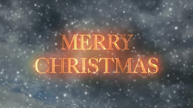 冬の寒空に降りしきる雪と金属質なメリークリスマス3D文字の動画素材