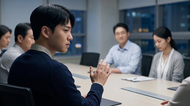 회의실에서 손짓하며 의견을 말하는 젊은 남성 &middot; Young Man Gesturing While Speaking in Night Meeting