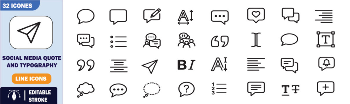 32 Social Media Quote and Typography Vector Outline Icons Set &ndash; Speech Bubbles, Text Formatting, and Communication Line Symbols Collection