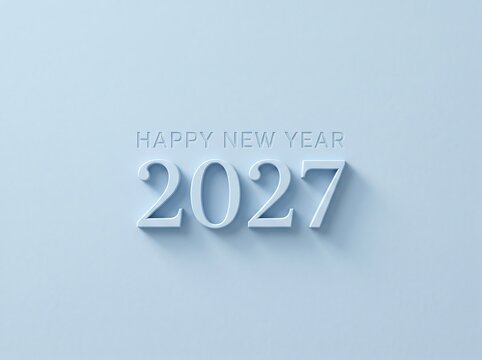 Happy new year 2027 text with 3 d embossed numbers on a light blue background