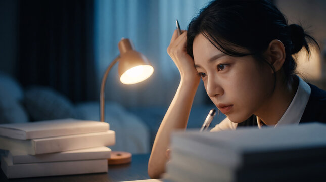 늦은 밤 책상에서 지친 표정으로 공부하는 여학생 &middot; Tired Student Studying Late at Night at Desk Lamp