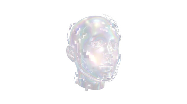 Iridescent digital human head avatar with pixelated glitch effect