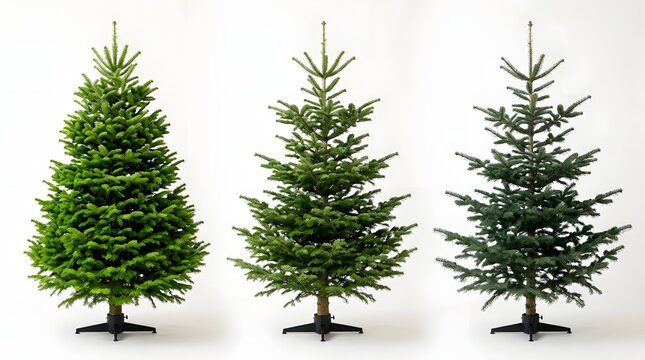 Three artificial christmas trees of varying fullness and color against a white background