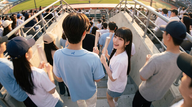 응원봉을 들고 야구장 계단을 오르는 젊은 팬들 &middot; Young Baseball Fans Climbing Stadium Stairs with Cheer Sticks