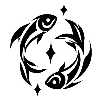 Tribal style black vector icon of two swimming fish representing the Pisces zodiac sign surrounded by small stars