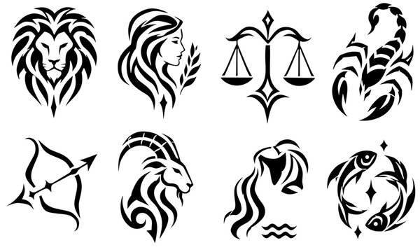 Black tribal vector icons set of eight zodiac signs including Leo, Virgo, Libra, Scorpio, Sagittarius, Capricorn, Aquarius, and Pisces