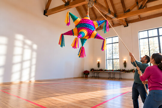 Two Adults Raise a Star Pi&ntilde;ata for Las Posadas