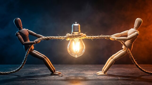 Two people pulling rope tug of war with glowing lightbulb in center
