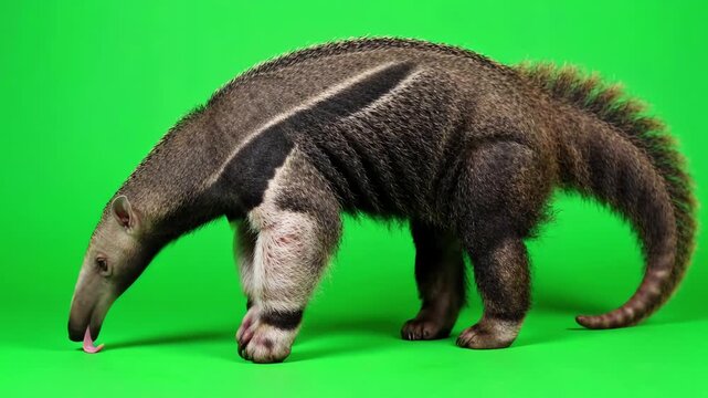 Profile view of an anteater walking and licking the ground on a chroma key green screen