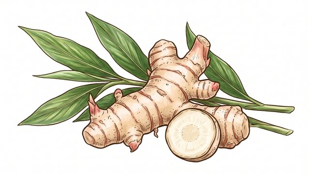 Fresh galangal root or lengkuas with green leaves and slices vector illustration isolated on white background