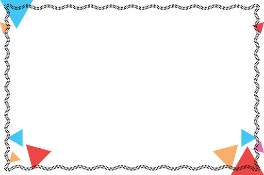 Modern Geometric Memphis Frame Background with Colorful Triangles and Wave Dotted Border. Design for Certificate, Invitation and Greeting. 41